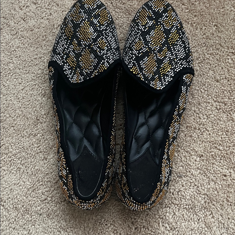 Brian Atwood Black and Gold Patterned Flats